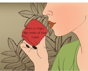 illustration of woman with red lips drinking a cup of tisane, herbal tea 