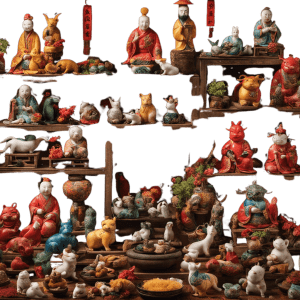 various small colorful tea pets on display