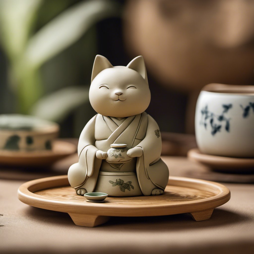 white ceramic cat Chinese tea pet with hands clasped in front
