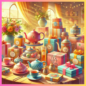 image for a tea gifts article. lots of teapots teas packages in vivid colors