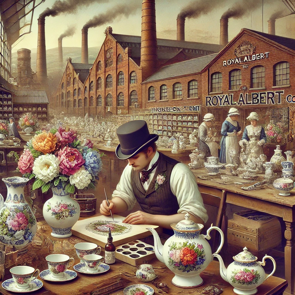 A-historical-scene-depicting-the-founding-of-Royal-Albert-in-1904-by-Thomas-Wild-Co.-in-Stoke-on-Trent-England.-