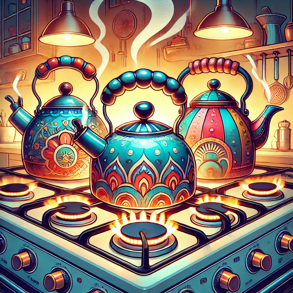 fun, eye-catching illustration with three colorful kettles whistling away on a gas top stove