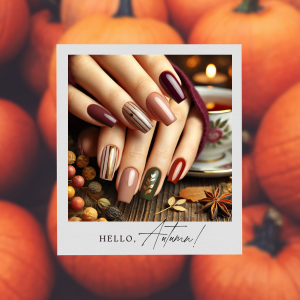 fall nail designs. womans hands showing her nails painted in different fall colors. greens, burgandy, beige, deep plums