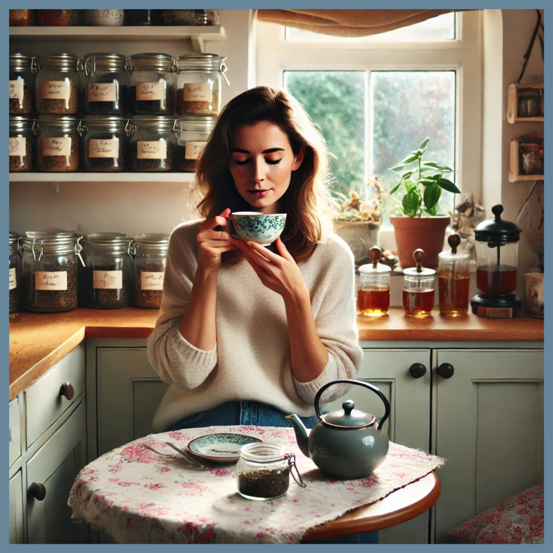 A woman sipping a steaming cup of tea at a small table in her tea blending station in the corner of her kitchen. The table has a pretty flowered cloth napkin spread over it and there's a blue cast iron teapot with a teacup and saucer resting on it.